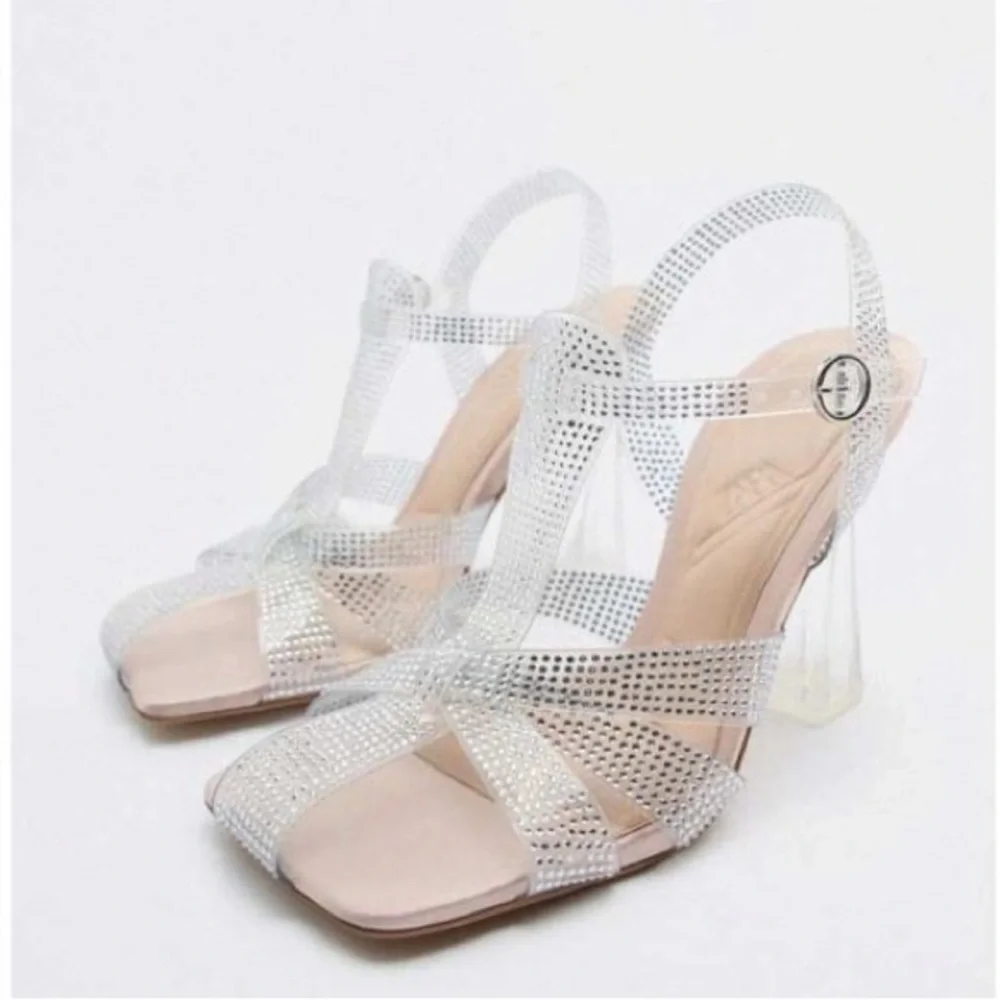 NWT. Zara Transparent Vinyl High Heel Sandals with Rhinestones Details Size 7,5.